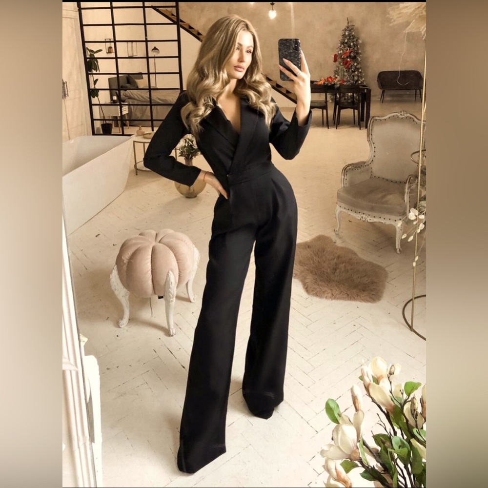 Black formal jumpsuit long-sleeved wide legs v-neck